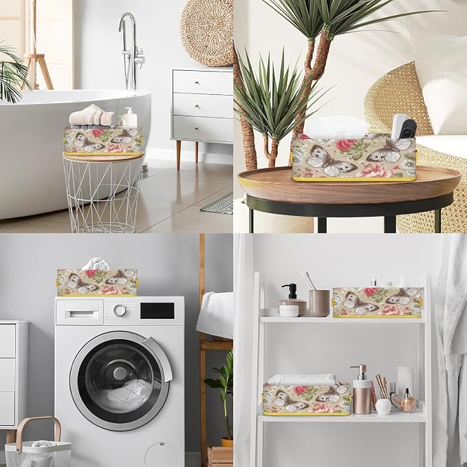 Flowering Butterfly Plants Bathroom Storage Basket, Foldable with Handle Open Countertop Paper Towel Decorative Box, Toilet Tank Top Shelf Baskets for Home Closet Bedroom Living Room Office