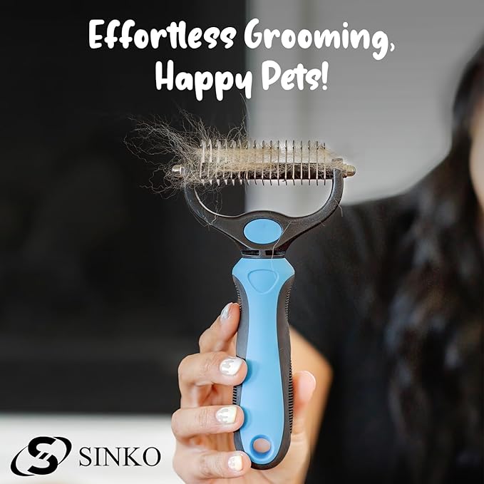 Sinko Shedding Brush For Dog and Cat, Grooming Brush with Extra Wide Double-Sided Stainless Teeth for Detangling, Deshedding, Brushing & Removing Shed Fur, Knots, Mats, and Tangles in Pets (Blue)