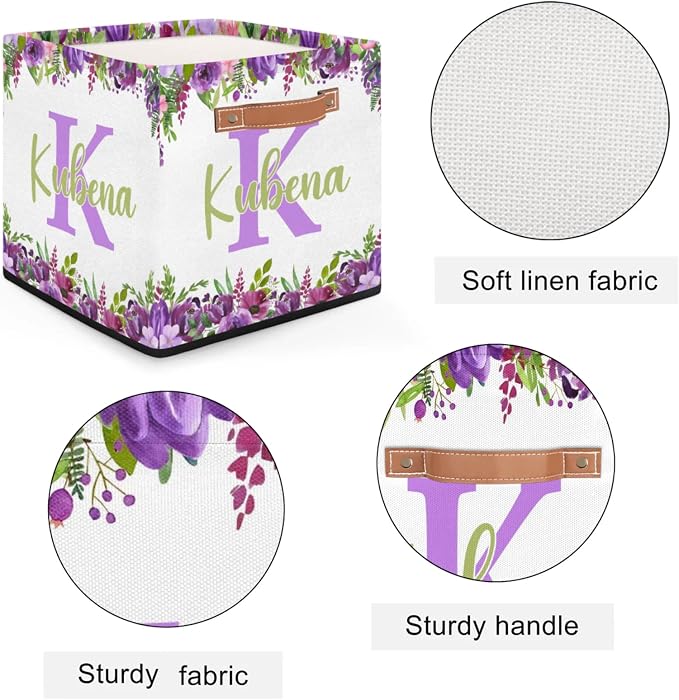 Personalized Name-Initial Purple Flower Storage Baskets for Girls Women, Custom Portable Square Storage Bins with Handles Foldable Organizer for Clothes, Toys, Blanket, Towel,Pet 13”