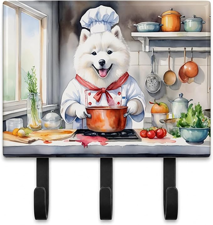 Caroline's Treasures Samoyed The Chef Leash or Key Holder Wall Hooks, Key Hooks Holder, Coat Rack Wall Mount, Coat Hooks, Hooks for Hanging Keys, Towels, Aprons, Leashes | Samoyed The Chef artwork on ceramic tile with three steel hooks for keys, leashe...