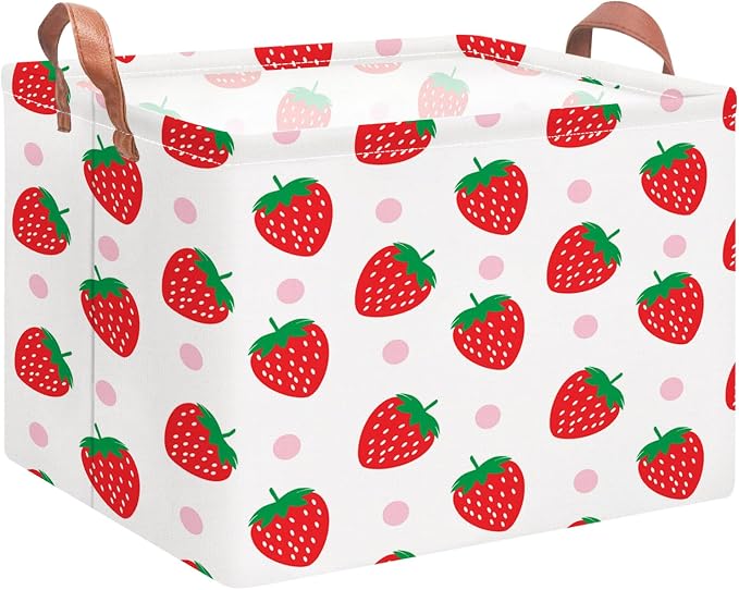 NTAOHAMPER Rectangular Storage Basket with Handles, Cotton Canvas Fabric, Strawberry Pattern, Room Decor, Gift Basket, Book Box