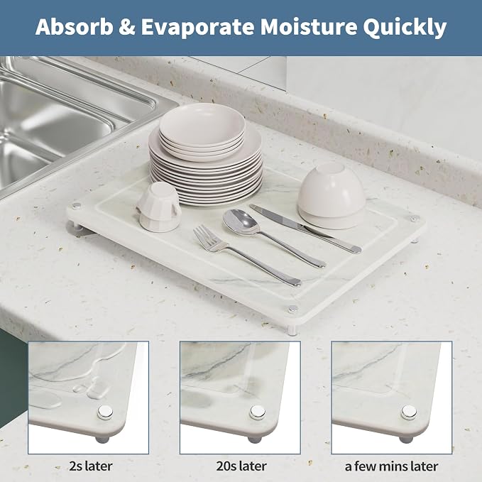Dish Drying Stone, Water Absorbing Stone Dish Drying Mats for Kitchen Counter, Non-Slip Stone Drying Sink Tray Pad for Dish Bottles Cups, Diatomaceous Earth Sink Caddy Organizer, Beige Marble