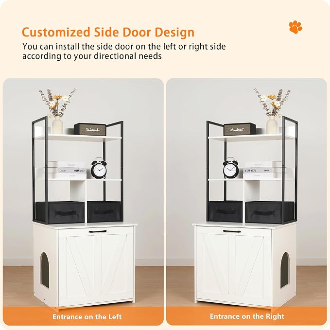 Dwanton Cat Litter Box Enclosure, 2 Storage Shelves and 2 Drawers, 50" H | 2-in-1 Hidden Cat Litter Box Enclosure Furniture with Shelf, Metal Frame, Reversible Entrance, Washable Drawers, White