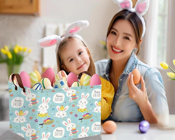 Large Rectangular Easter Baskets Empty Waterproof Boy Toy Box Foldable Kid's Gifts Storage Bin Spring Room Decor(Flower Rabbit Holding Egg)