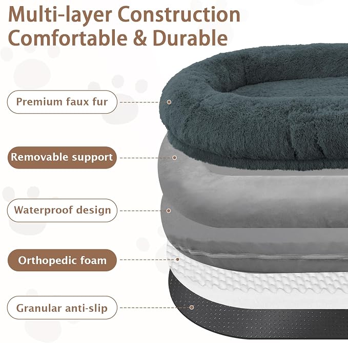 ROOMTEC Human Dog Bed, 78''x51''x12'' Size Fits Adult and Pet Washable Giant People Bed 10 CM Thick Memory Foam Large Oversize Pet Bed with Plump Pillow, Blanket, Strap - Darkgrey
