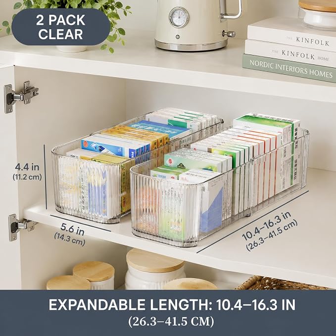 2-Pack Clear Expandable Drawer Organizer Bins, Fluted Plastic Pantry Storage and Organization Bins for Deep Kitchen Cupboard, Fridge, Bathroom, Sauce Packet Holder