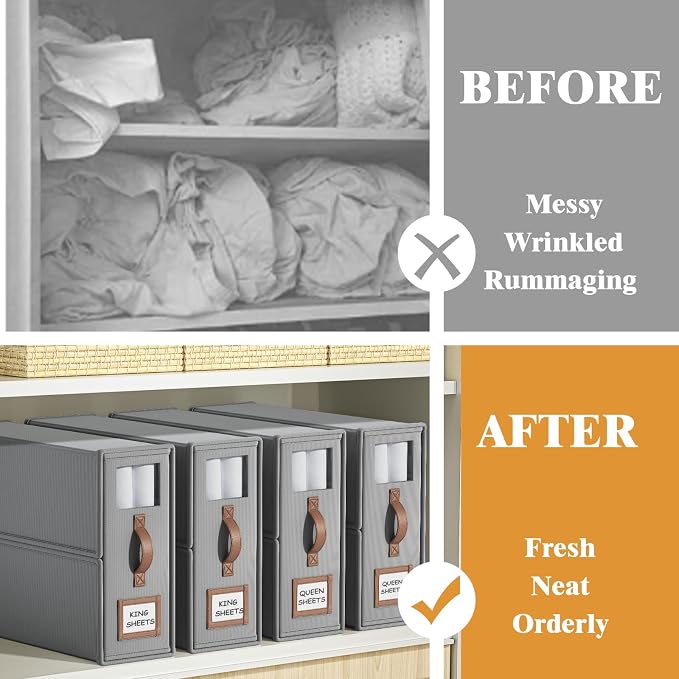 6 Pack Bed Sheets Organizers And Storage,Sheets Set Folder Keeper with Handle,Foldable Bedding Storage Box For Linen Closet,Duvet Cover(King Size-3.7 Gal,Beige)