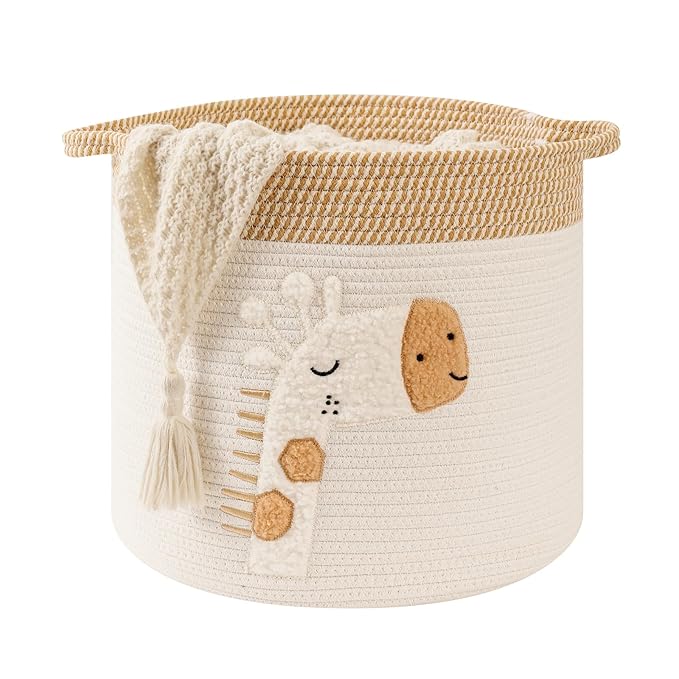 Large Blanket Baskets for Living Room Decor, Toy Storage Baskets 14" x 14" Woven Cotton Rope Basket for Kids, Dog Toys Organizer Clothes Hamper with Embroidery Decor for Nursery Laundry, Giraffe
