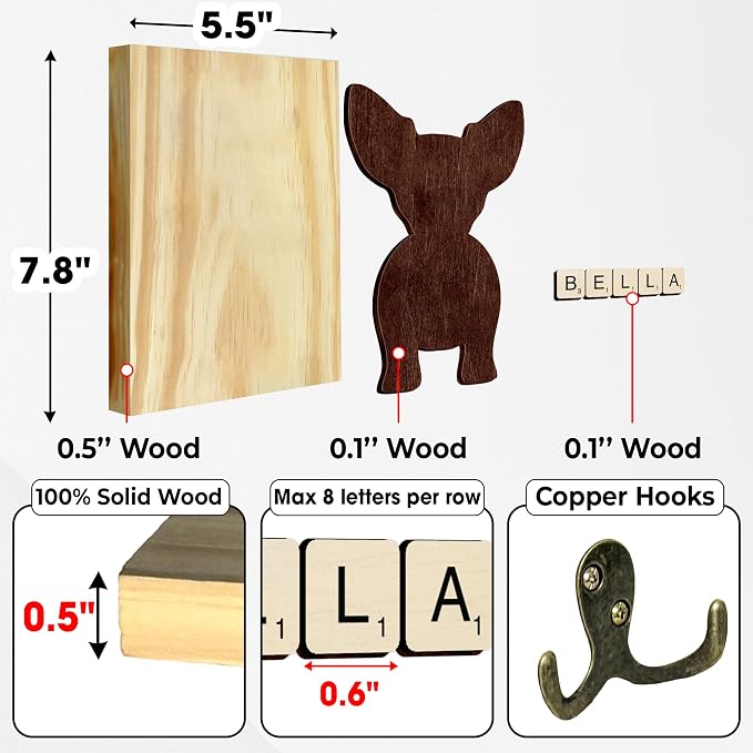 Chihuahua Dog Leash Holder Wall Mount with Scrabble Letters, Wooden Dog Wall Hook Organizer, Pet Collar and Harness Holder for Entryway, Key Hook and Leash Rack, Pet Lovers Gift Home Decor PF297-25