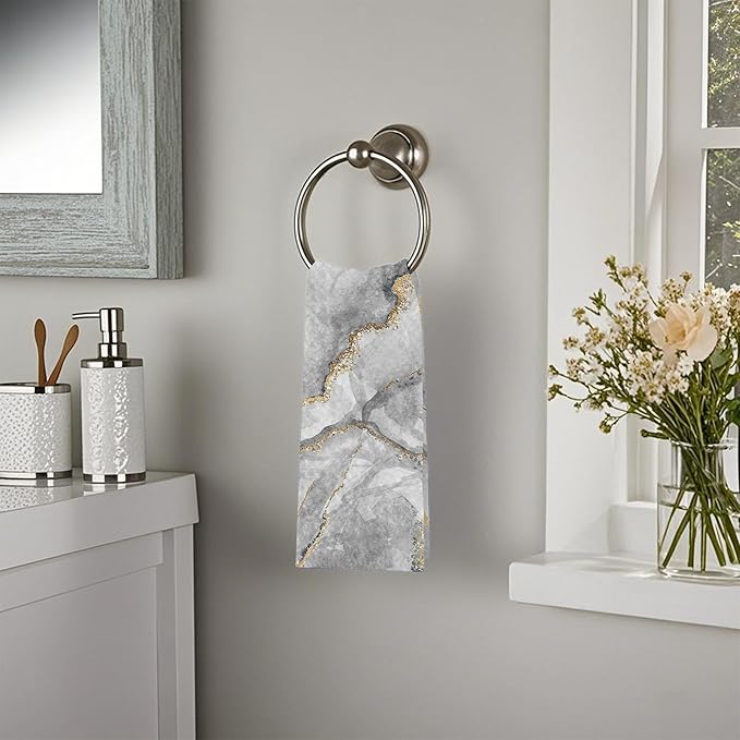White Marble with Gold Veins Hand Towels,Set of 2 Absorbent Bath Towel Kitchen Dish Towel Home Gym Hotel Bathroom Decor,16x24 Inches