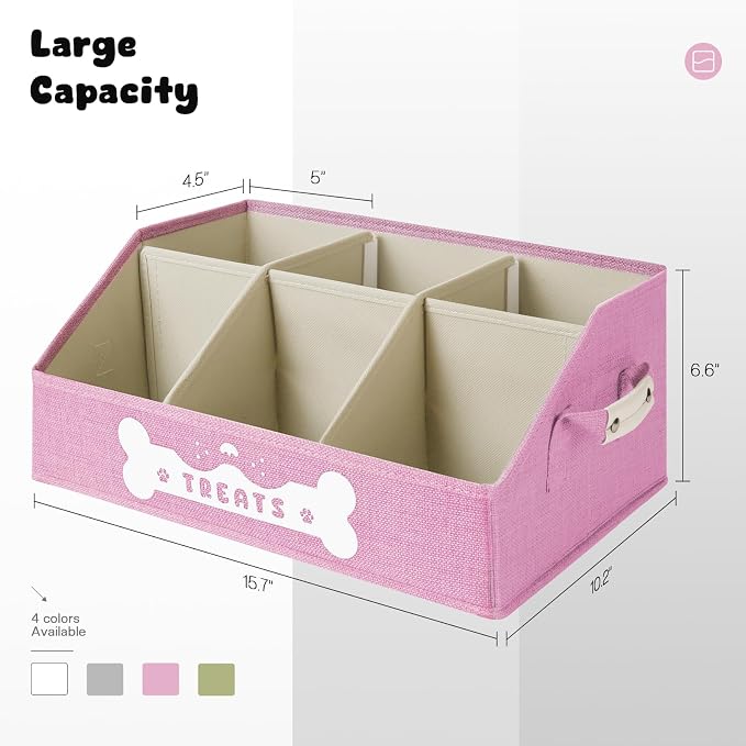 Dog Treat Container, Dogs Storage Organizer with Removable Dividers, Collapsible Dogs Treat Holder for Countertop, Trapezoid Pet Treats Containers, Dog Toy Basket with PU Handles, Medium, Pink