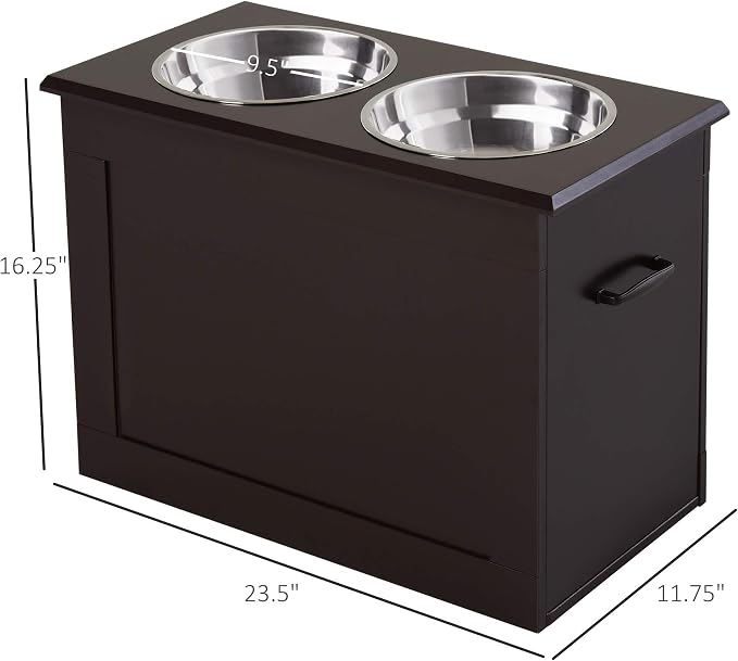 PawHut Raised Pet Feeding Storage Station for Large Dogs, Coffee | with2 Stainless Steel Bowls Base for Other Large Pets