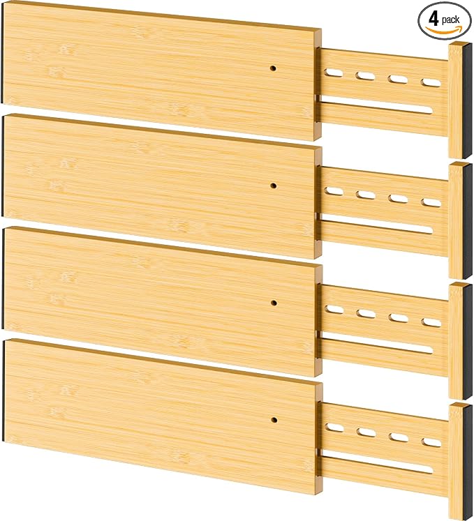 Bamboo Drawer Dividers, 4" High Drawer Organizers for Clothes/Utensils | 12.8-18" Expandable Wooden Drawer Separators for Dresser, Kitchen, Bathroom, Nursery, Office Organization & Storage, 4 Pack