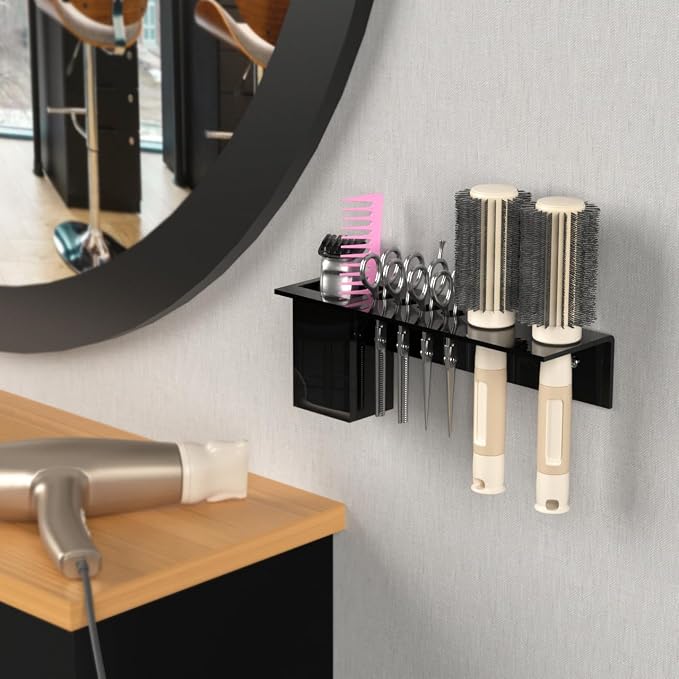 Black Acrylic Brush Organizer Hanging Display 6 Holes with Brush Box and 2 Brush Holes Wall Mount Rack with Hanging Hardware for Professional Dog Groomers Stylists and Barbers by Marketing Holders