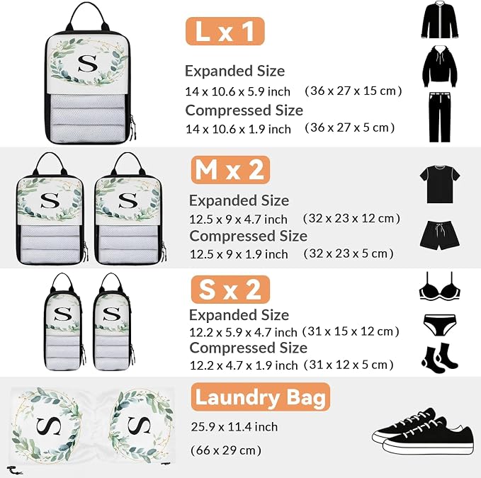 Letter S 6 Set Compression Packing Cubes Natural Floral Design Expandable Packing Organizer for Travel Accessories Luggage Suitcase Bag