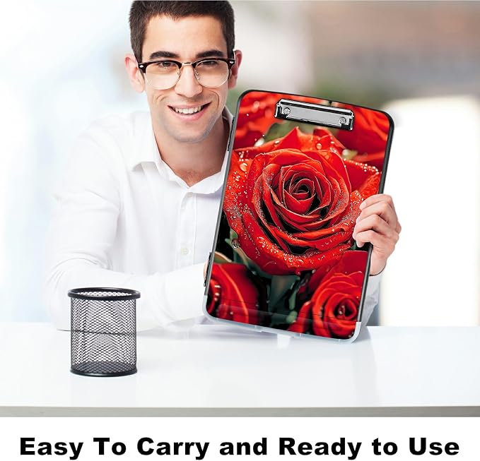 A4 Clipboard with Storage Pen Holder, Clipboards Organizer Nursing Clipboard Foldable File Folder Plastic Clipboard Folio Clip Board for Office Work Classroom Doctor, Red Rose