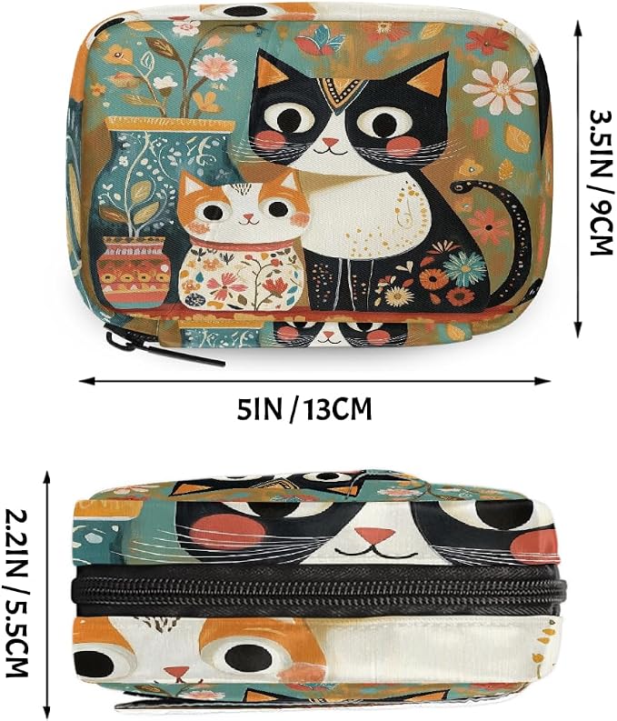 Weekly Pill Organizer Travel Size Bag with Removable 7 Day Pill Box Portable Vitamin Case Purse with Zipper,Two Cats Floral Decoration