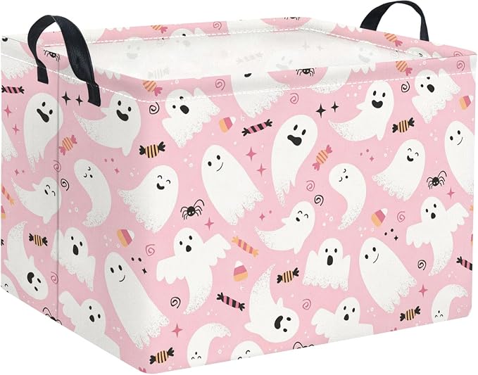 Rectangular Halloween Basket for Boys and Girls Kids Trick or Treat Pumpkin Basket for Halloween Parties Cute Storage Bin Organizer Box Room Decor(Pink Halloween)