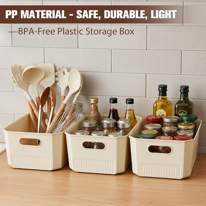ANMINY Plastic Storage Bins Baskets with Lids, 12-Pack, 2XL+4L+2M+4S | Large Plastic Bins, Sturdy PET, with Handles, Stackable, Opaque Storage Boxes, for Closet Shelves Desk, Ivory Lids