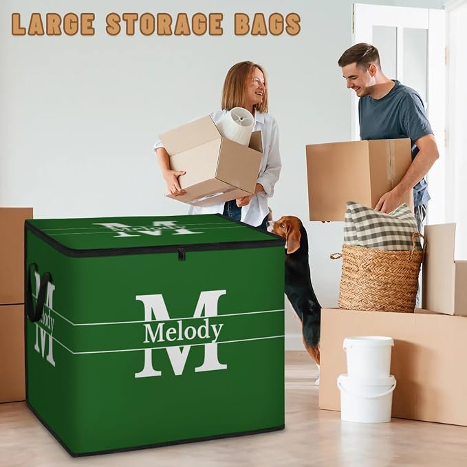 Personalized Storage Bags with Lid Large Blanket Clothes Organization and Storage Containers for Comforters,Bedding, Foldable Organizer with Reinforced Handle, Forest Green with Initial Letter