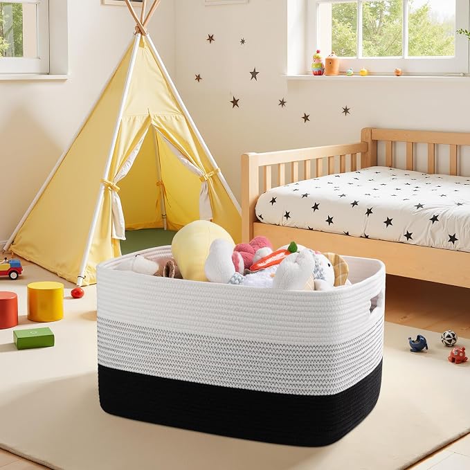 OIAHOMY Blanket Basket Laundry Basket Dog Toy Basket 75L Gradient Black | Large Storage Basket,Baby Basket,Toy Storage,Woven Rope Basket for Blankets,Blanket Storage for Living Room