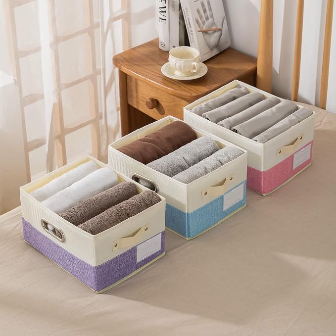 PRANDOM Large Fodable Storage Baskets for Closet [3-pack] Decorative Fabric Storage Bins Cubes with Leather/Metal Handles for Shelves Bedroom Living Room Blue&Cream (14.9x9.8x8.3 Inch)