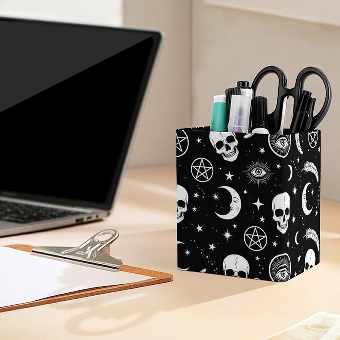 Pen Pencil Holder for Desktop, Pu Leather Stationery Organizer Goth Raven Crow Skull Moon Star Gothic Witch Eyes Square Pencil Cup Office Accessories Container Box