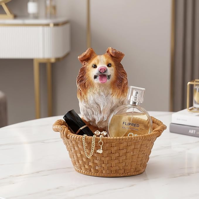 Cute Border Collie Candy Bowl, Resin Dog Figurine Key Bowl for Entryway Table, Desktop Storage Basket Organizer for Desk, Unique Dog Lover Gift