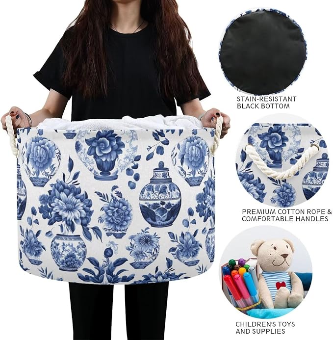 Blue White Floral Collapsible Round Storage Basket with Handles | Chinoiserie Vase Flower Large Laundry Baskets Hamper, Organizer Bin for Nursery Bedroom Living Room Decor, 20x 20x 14 Inches