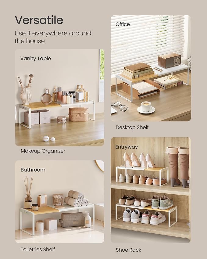 SONGMICS HOME Spice Rack, Expandable Cupboard Shelf Orgnizer,Bamboo | Kitchen Counter Shelves, Bamboo and Steel, Stackable, Cream White and Light Bamboo, BYSTRO Collection UKCS052W01