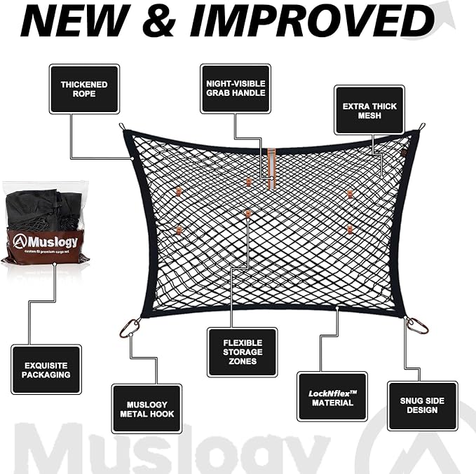 Muslogy Cargo Net for 2021-2025 2026 Toyota Sienna Accessories | Custom Fit, Trunk Storage Organizer Net for SUV Sedan Van Divider, with Heavy Duty Carabiners, Night Visible Grab Handle