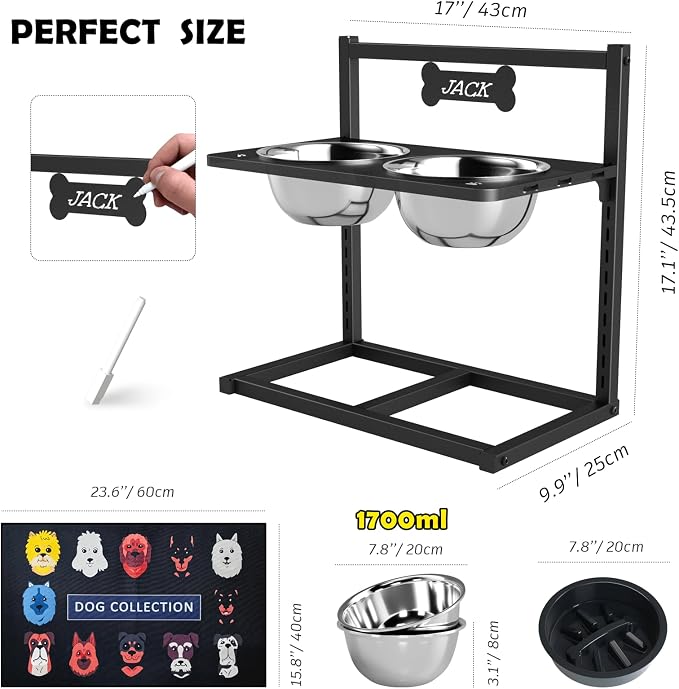 ADENGL 9 Height Adjustable Dog Bowl Stand with Two 1.7L Stainless Steel, Slow Feeder Bowls and Nonslip Pad, Perfect for Medium and Large Dogs