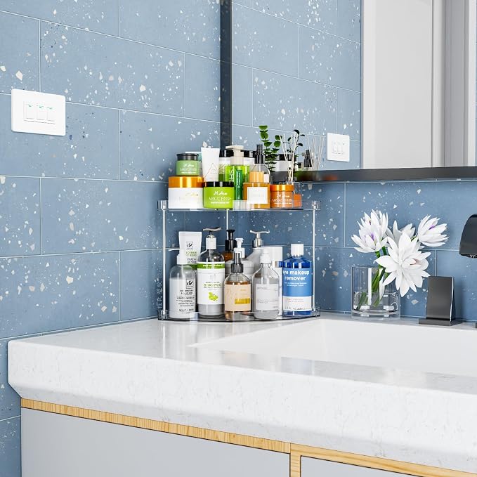 2 Tier Corner Bathroom Counter Organizer,Clear Bathroom Organizers and Storage,Acrylic Bathroom Counter Shelf and Perfume Holder for Skin Care,Makeup,Toiletry Products and Perfume Organizer