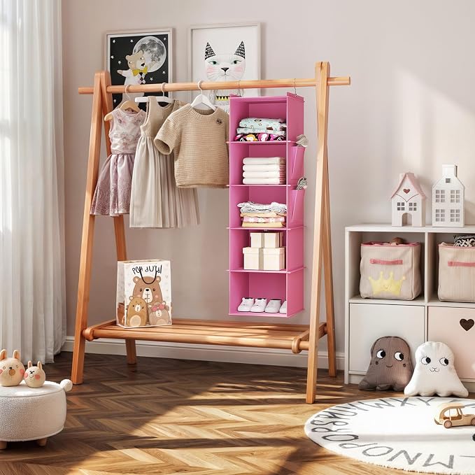 YOUDENOVA Hanging Closet Organizer and Storage, 5-Shelf, Light Pink | Locker/RV/Camper Organizer, 2 Side Pockets, Hanging Shelves for Small Closet, Dorm Room Essentials for Guys, Non-woven Fabric