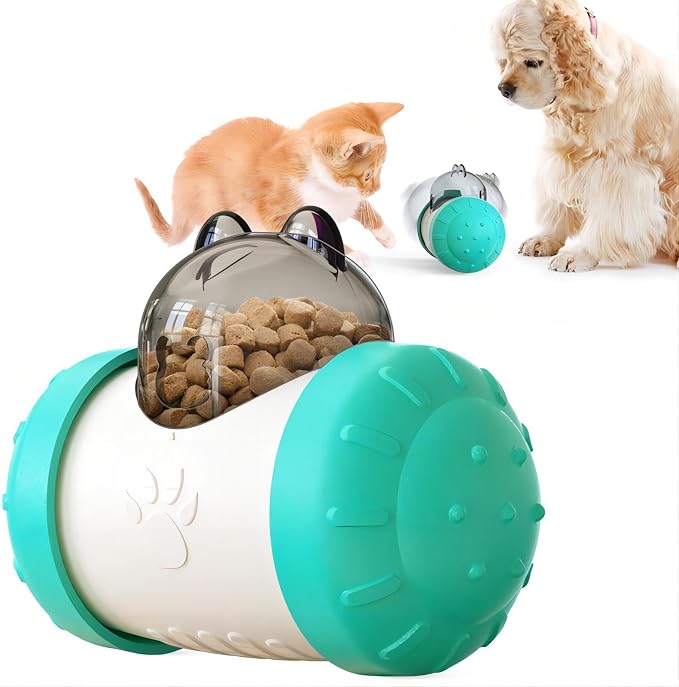 KAYNO Pet, cat and Dog Treat Dispenser Toys, pet Puzzle Food Funnel Toys, Food Grade Material, Non-Tipping, Clear Food Storage bin and Wheel Sliding Design. (Blue)