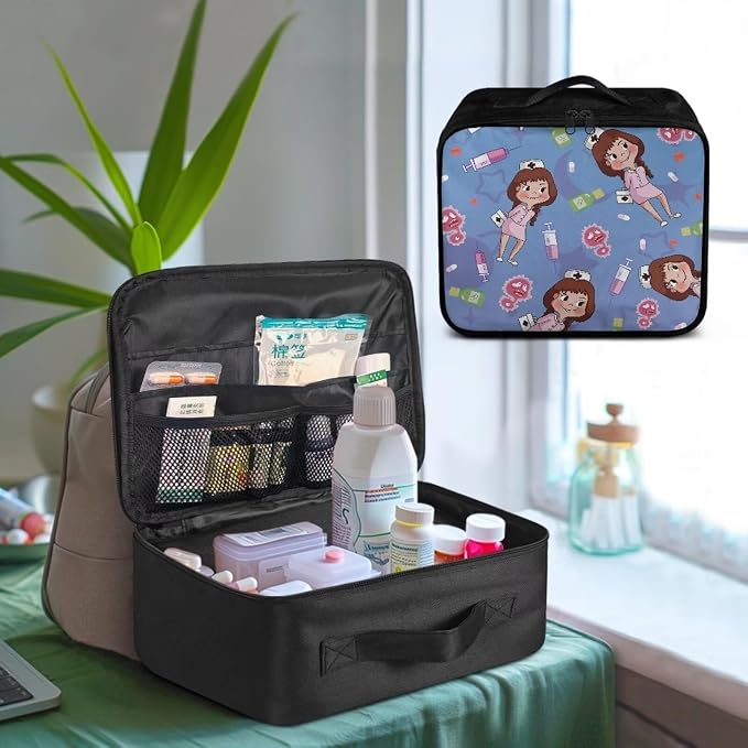 Nurse Gril Cute Small First Aid Kit Travel Bag Empty Purple Medical Bag Empty Travel Medicine Kit Bag Pattern Medical Equipment Bag for Home Outdoor Travel Camping Hiking