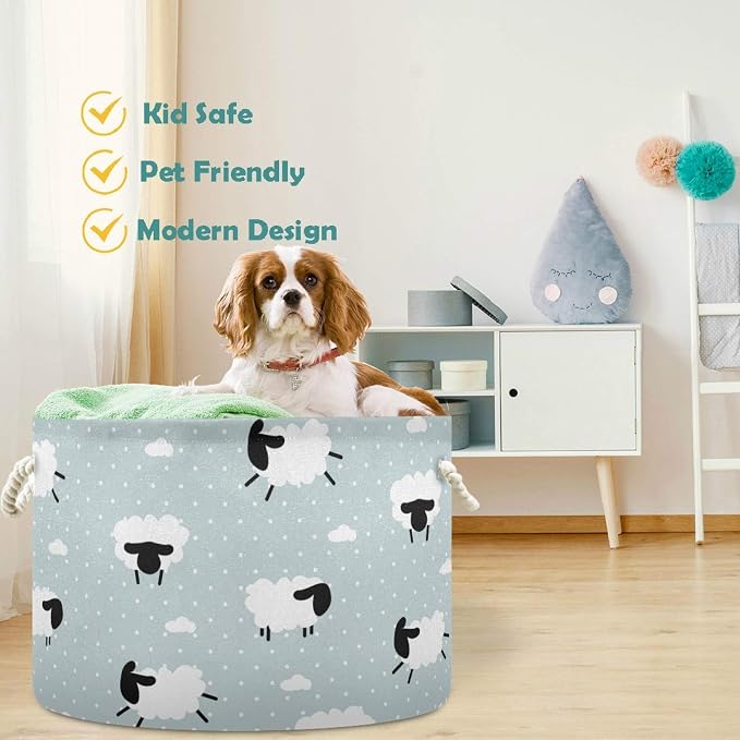 visesunny Cute White Sheep Animal Dot Grey Collapsible Large Capacity Basket Storage Bin with Durable Cotton Handles, Home Organizer Solution for Office, Bedroom, Closet, Toys, Laundry