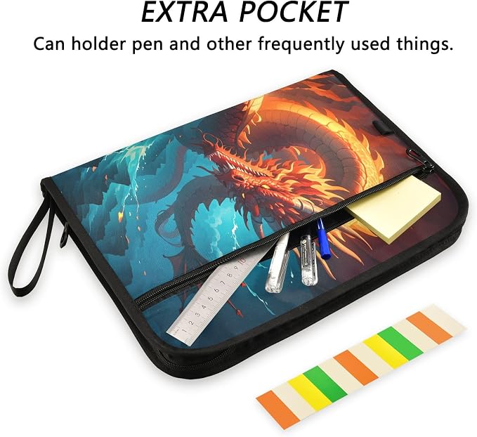 Dragon Water and Fire Anime 13 Pocket File Organizer Expanding File Folder with Front Pouch Portable Business File Storage Document Organizer Folder with Zipper