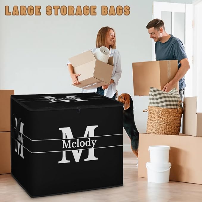 Custom Name Storage Bin with Lid, Personalized Extra Large Black Storage Basket with Handles Zippers for Organizing Comforters, Blankets, Bedding Closet Shelf Baskets, Initial Letter