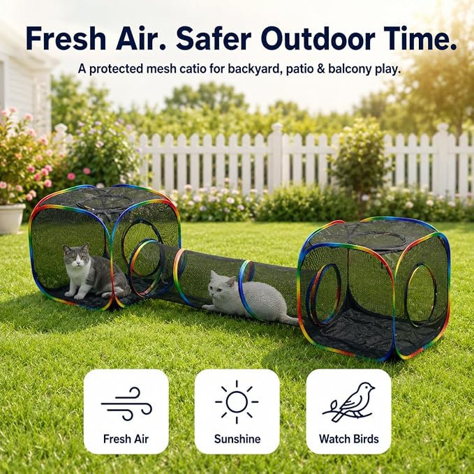 Outdoor Rainbow Cat Enclosures Playground,Outside House for Indoor Cats Include Portable Tent, 2 Way with 2 Cube Tunnel, for Kitty and Small Animals,Within Storage Bag