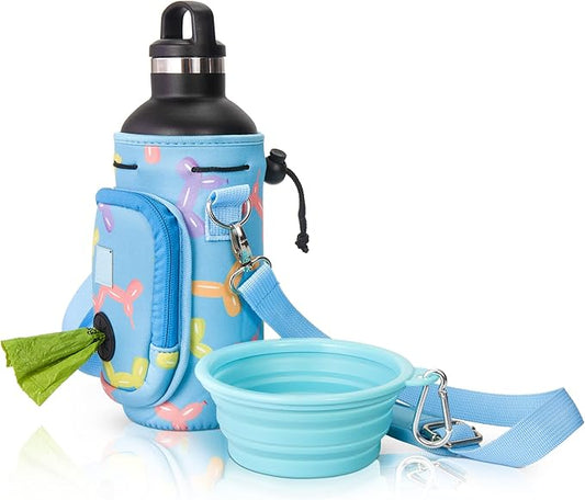 Made Easy Kit Water Bottle Carrier with Pocket for Dog Poop Waste Bags and Adjustable Padded Shoulder Strap (Large (32oz) with Bowl, Blue, Balloon Dogs)