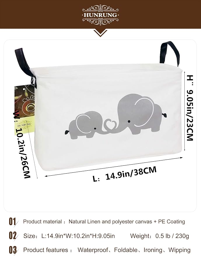 Rectangle Foldable Storage Basket Handles For Home, Love Elephant | Waterproof reinforced handles, perfect for shelf use, organizes clothes, daily items and pet supplies