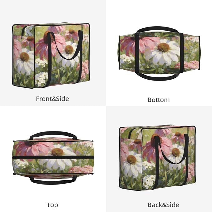 Oxford Fabric Reusable Grocery Bags Pink Coneflowers With White Daisies, Large Capacity Foldable Shopping Tote with Zipper Closure for Grocery Shopping and Travel