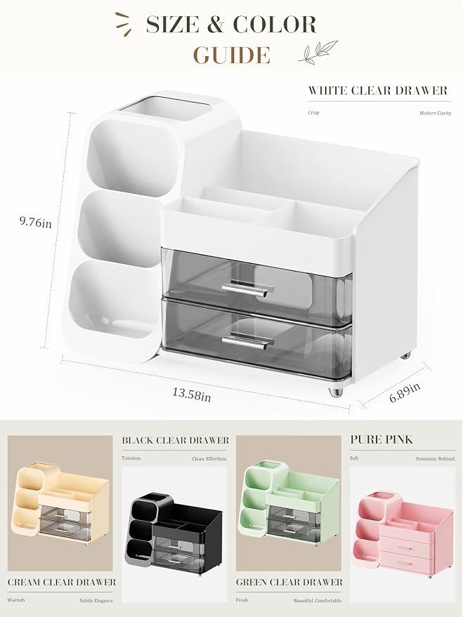 Makeup Organizer for Vanity - Large Skincare Organizers Countertop, Cosmetic Organizer with Brush Holder and 2 Drawer, Makeup Storage for Lipsticks, Nail Polishes, Eyeshadow Palettes, White