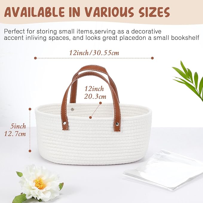Colingmill Empty Woven Gift Basket with PU Leather Handle and Bag Cotton Rope Basket Organizer for Pet Toy Storage Baby Shower Birthday Party Wrapping Gift(12 * 8 * 5 Inch)