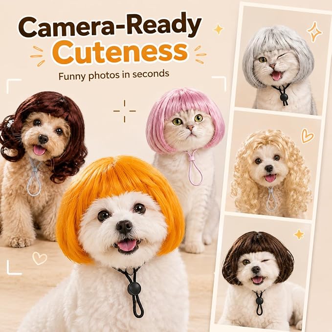 Funny Dog Wigs and Cat Wig Set, 6 Pack Pet Costume Hairpieces | Adjustable Pet Costume Hairpieces with Elastic Strap, Soft Breathable Cosplay for Small Medium Dogs Cats Halloween Party