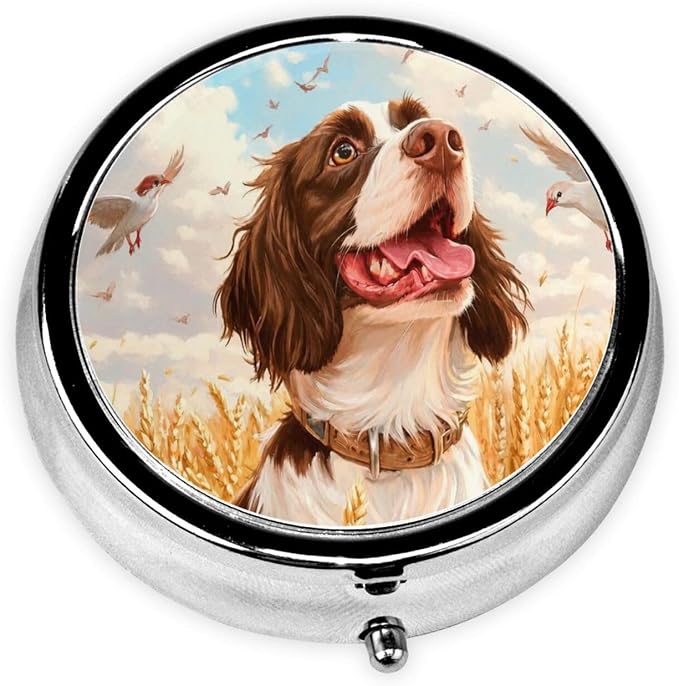Painting Fall Springer Spaniel Dog Portable Pill Organizer | 3 Compartment, With Mirror, For Men Women, For Daily Supplements, Vitamins, Fish Oil, Jewelry, Candy, Travel