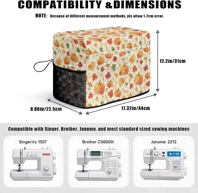 Sewing Machine Cover Polyester Febric Thanksgiving Pumpkin Maple | Dust Pet Hair Protection,Quilting Design,Fits Standard Singer,Brother Janome Machines,Protecting Decorating Your Sewing Space