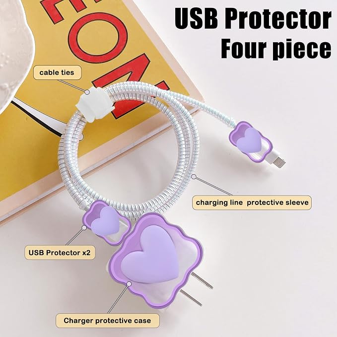 Cute Cable Protector for iPhone Charger with Unique Design 3D Love Heart Wave Data Cable USB Charger Data Line Phone Wire Saver Protector for iPhone 11 12 13 14 Pro Max Charger Protector-Purple