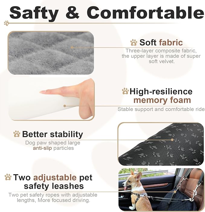 Dog Carseat for Small Dogs,Pet Safety Travel Bed with 3Seatbelt-Black/Brown | Storage Pockets,Non-Slip Bottom,Memory Foam with Detachable Washable Cover and Easy to Install